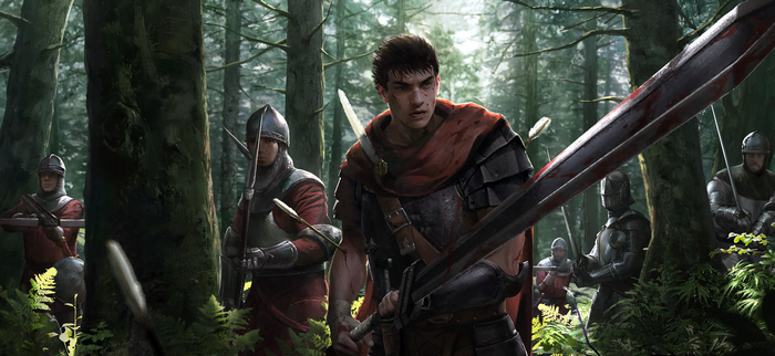 Guts from Berserk in a forest with soldiers