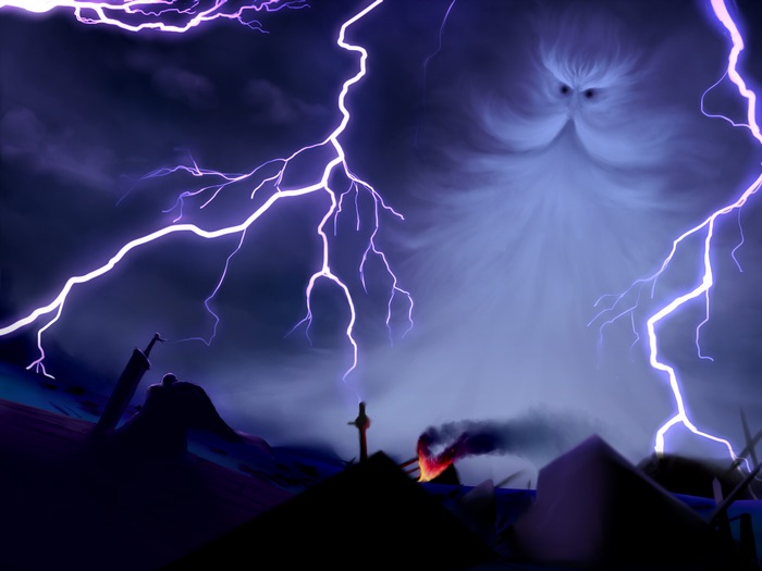 Guts from Berserk in a stormy landscape