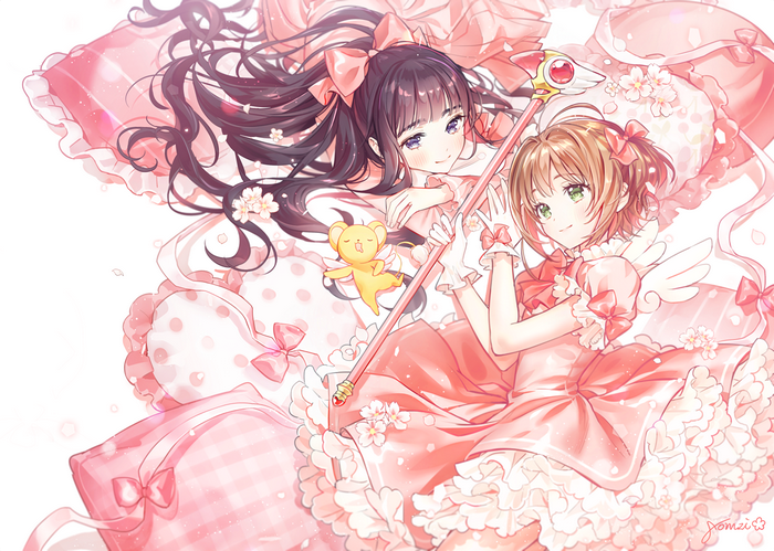Sakura Kinomoto and Tomoyo Daidouji from Cardcaptor Sakura with Keroberos