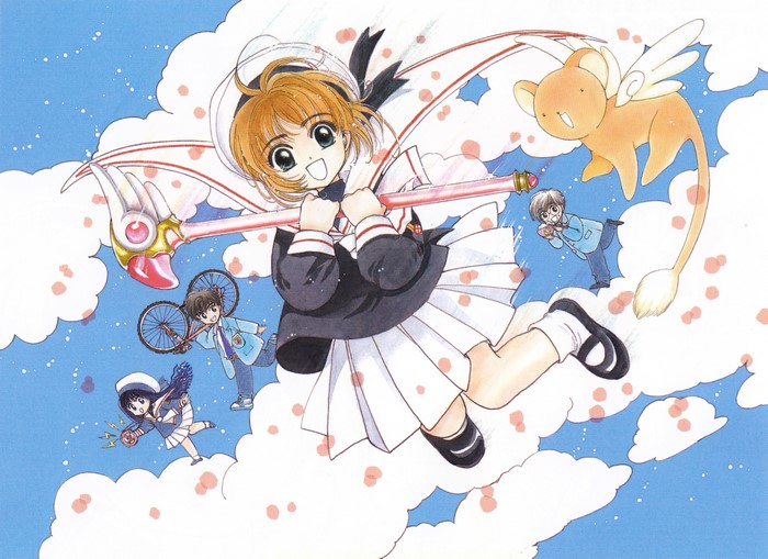 Sakura Kinomoto and friends flying with Keroberos from Cardcaptor Sakura