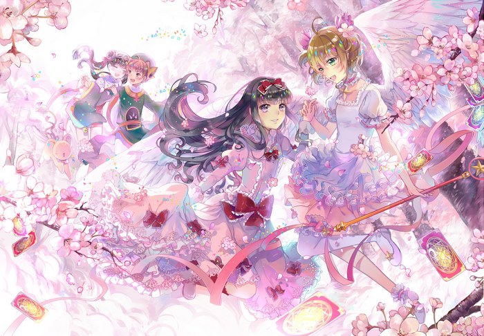 Sakura Kinomoto and friends with Keroberos from Cardcaptor Sakura