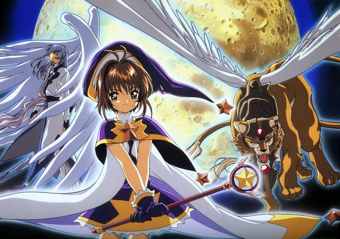 Sakura Kinomoto and Yue from Cardcaptor Sakura with Keroberos