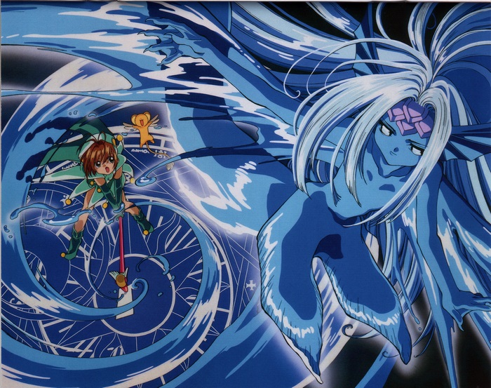 Sakura and Keroberos from Cardcaptor Sakura battling a water spirit
