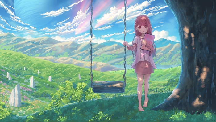 Rin from Shelter on a swing in a grassy landscape