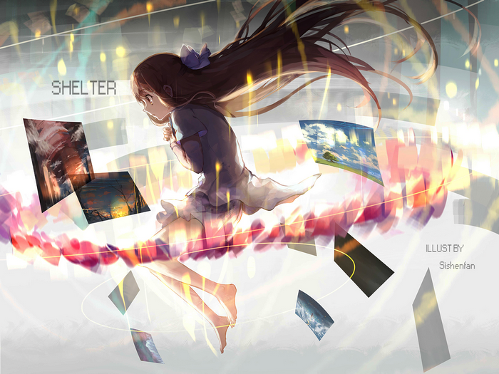 Rin from Shelter floating among screens