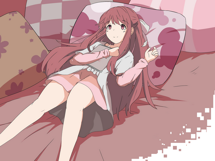 Rin from Shelter lying on a bed with a tablet