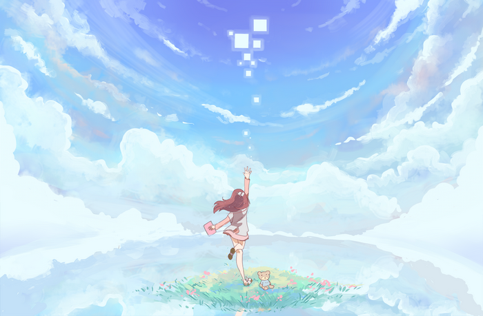 Girl reaching for blocks in the sky
