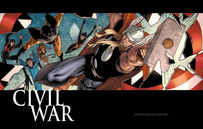 Civil War comic art with Thor and other Marvel characters