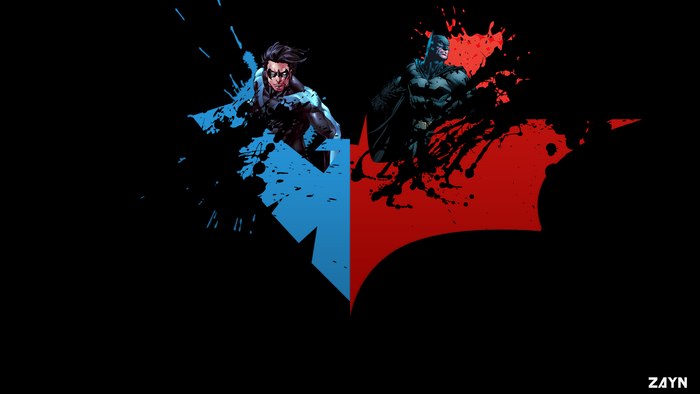 Nightwing and Batman split by paint splatters
