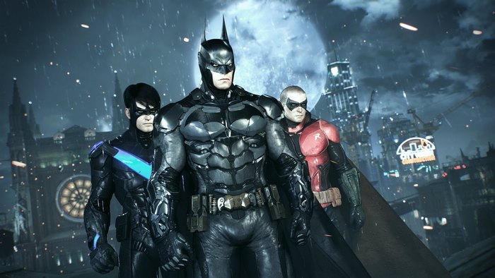 Batman, Nightwing, and Robin in Gotham City