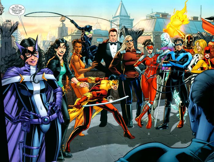 DC Comics characters including Nightwing and Huntress