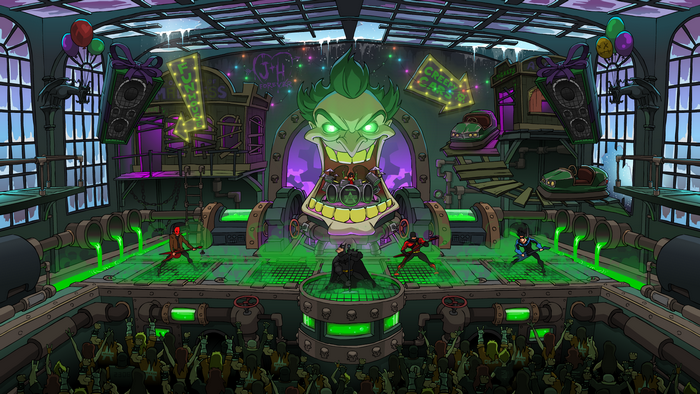 Batman and band performing at Joker's Funhouse