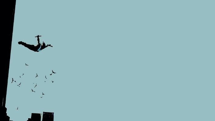 Nightwing falling with birds over city