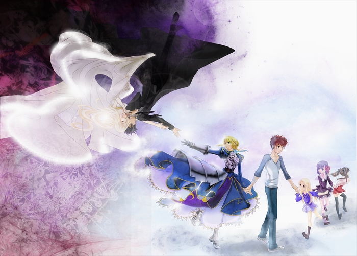 Saber and Shirou Emiya with Sakura Matou and others