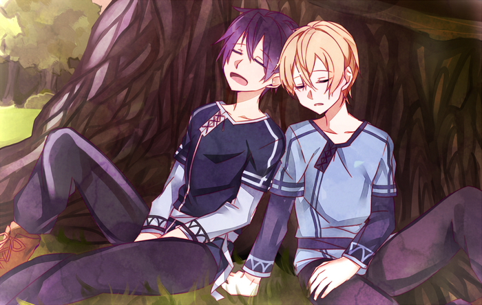 Eugeo and Kirito from Sword Art Online sleeping by a tree