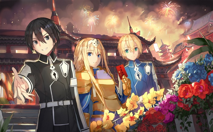 Kirito, Alice, and Eugeo from Sword Art Online with fireworks