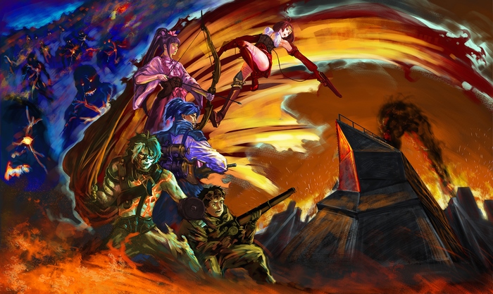 Characters fighting against a burning structure and shadowy figures