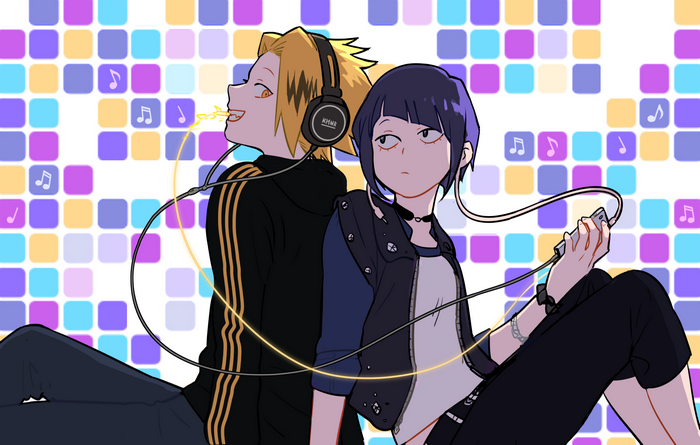 Denki Kaminari and Kyoka Jiro listening to music