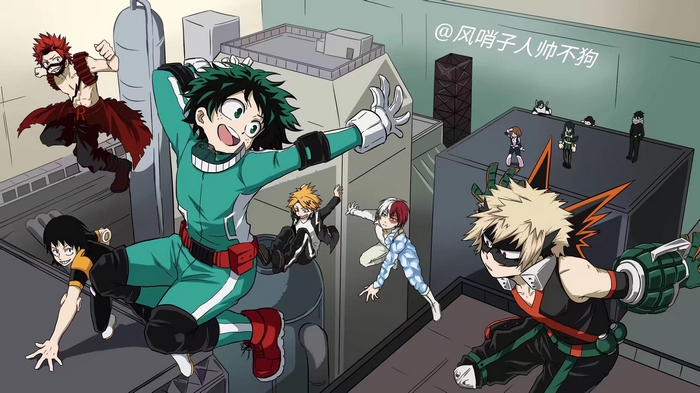 Denki Kaminari from My Hero Academia Leaping Across Rooftops