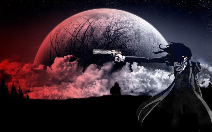 Alucard from Hellsing aiming a gun at the moon