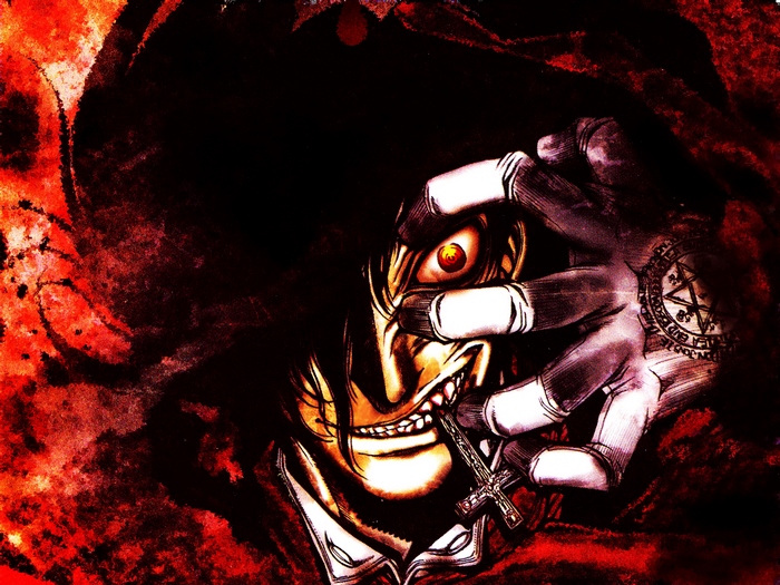 Alucard from Hellsing holding a cross