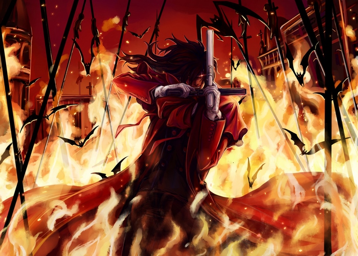 Alucard from Hellsing in a fiery battle