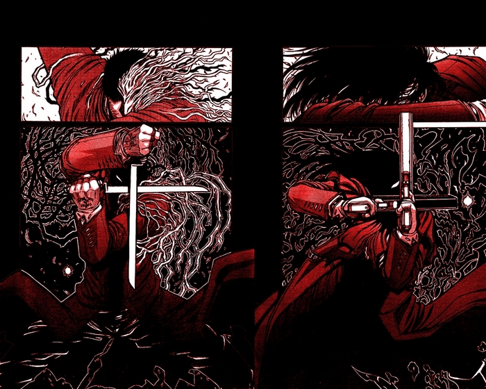 Alucard from Hellsing holding a cross and gun