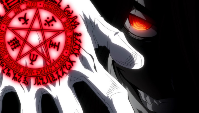 Alucard with Glowing Red Magic Sigil and Fiery Eyes