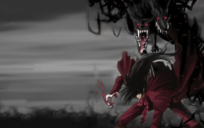 Alucard from Hellsing fighting demonic dogs