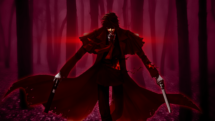 Alucard from Hellsing holding guns in a forest