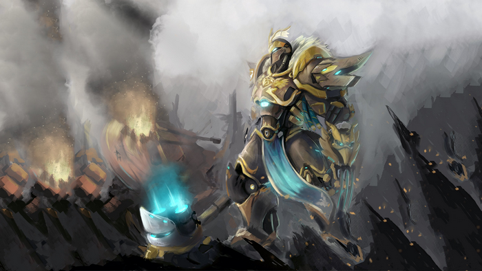 Reinhardt from Overwatch in a burning landscape