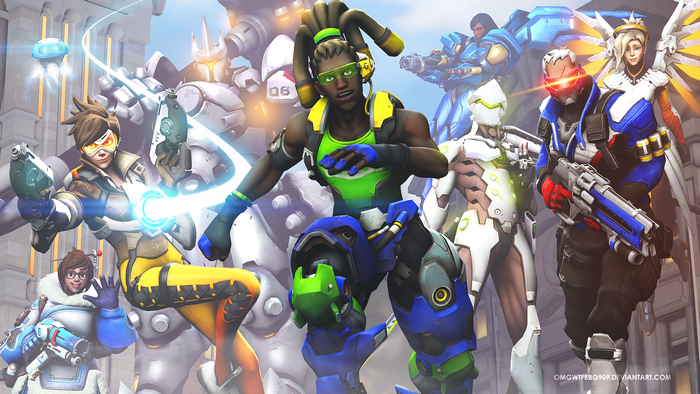 Overwatch characters: Tracer, Lúcio, Soldier: 76, Mercy, Genji, Reinhardt, and Mei