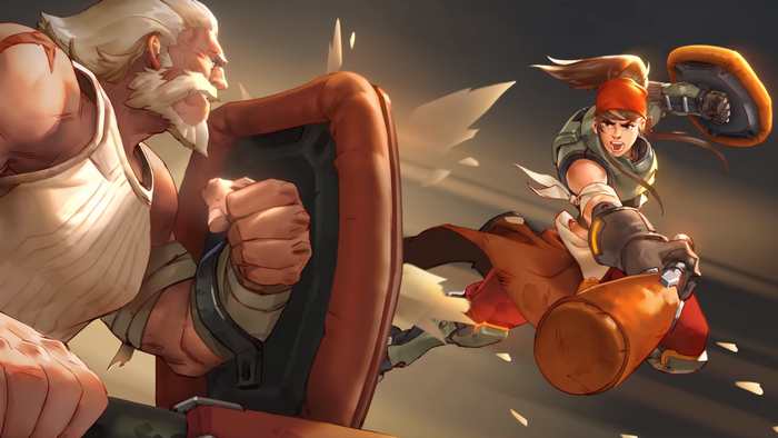 Reinhardt from Overwatch in battle