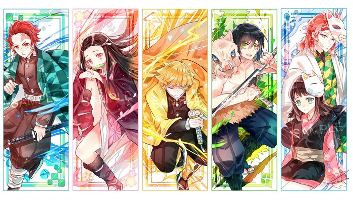 Demon Slayer characters: Tanjiro, Nezuko, Zenitsu, Inosuke, Giyu, Kanao