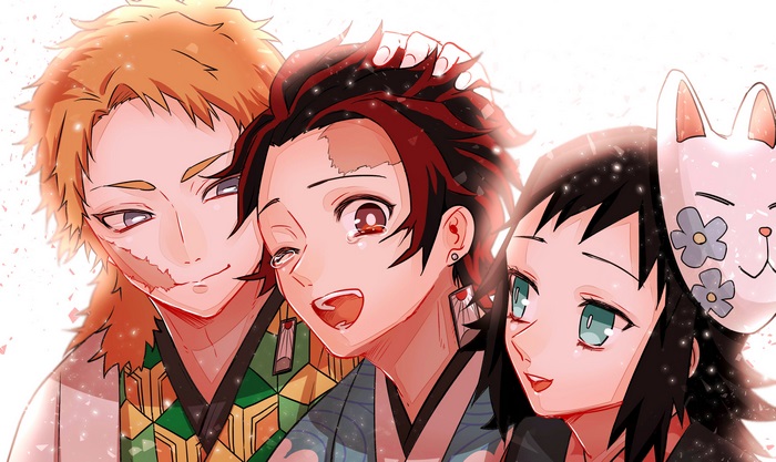 Tanjiro Kamado, Inosuke Hashibira, and Zenitsu Agatsuma from Demon Slayer
