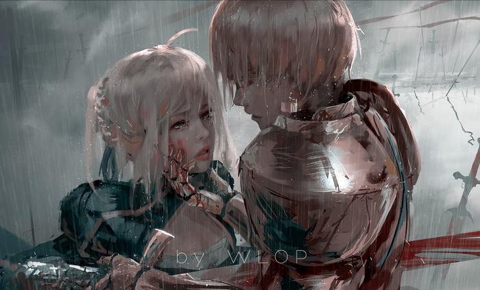 Saber and Gilgamesh in the rain