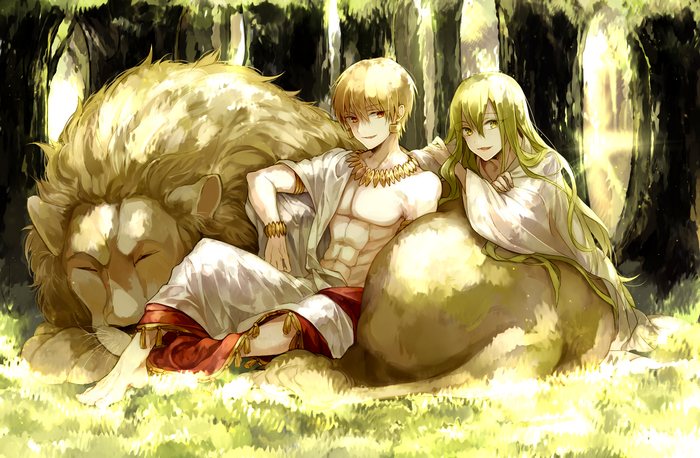 Gilgamesh and Enkidu with a lion