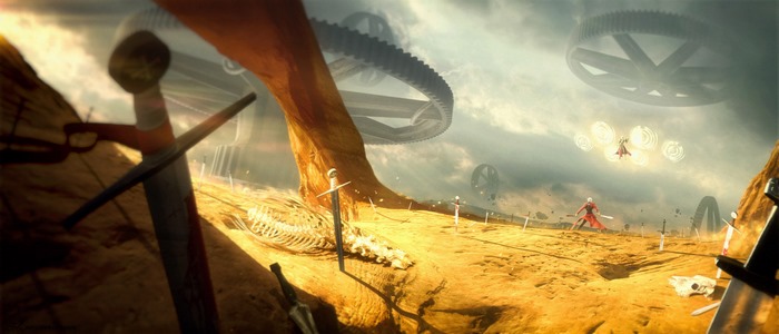 Gilgamesh in a desolate landscape with giant gears
