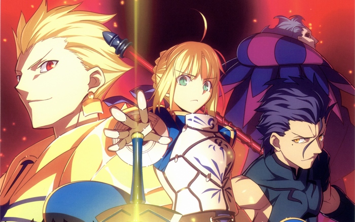 Gilgamesh, Saber, and Kirei Kotomine from Fate/Zero
