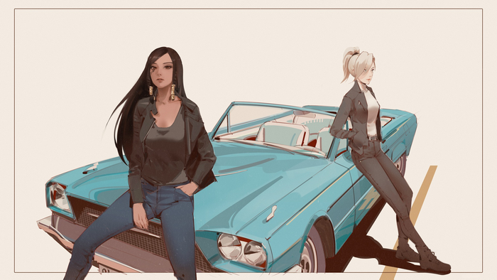 Pharah from Overwatch and a woman by a car