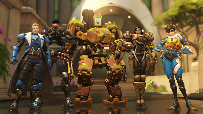 Overwatch characters: Soldier: 76, Bastion, Pharah, and Symmetra