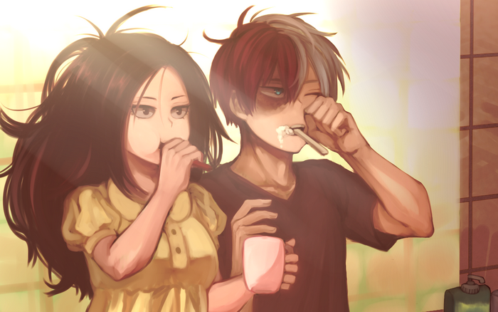 Momo Yaoyorozu and Shoto Todoroki brushing teeth