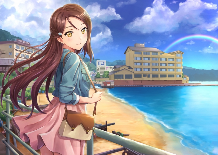 Riko Sakurauchi on a Beach with Hotels and Rainbow