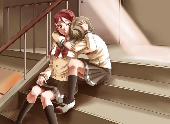 Riko Sakurauchi hugging a friend on stairs