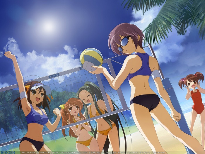 The Melancholy of Haruhi Suzumiya characters playing volleyball