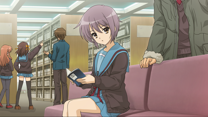 The Melancholy of Haruhi Suzumiya characters in a library