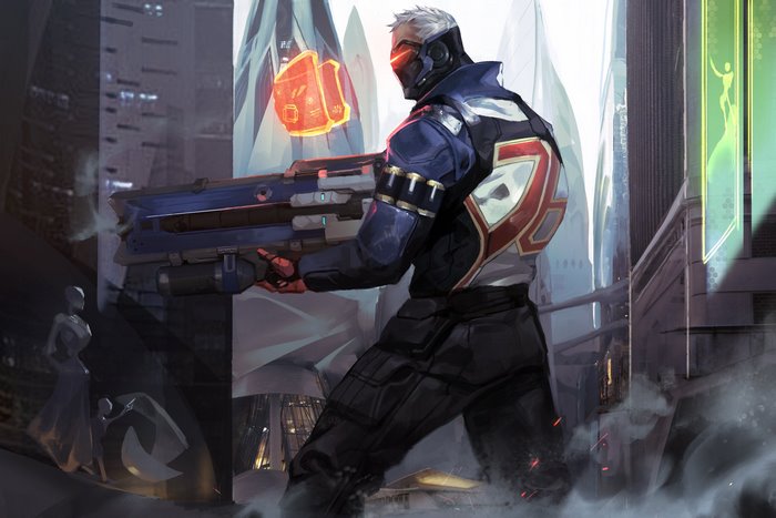 Soldier: 76 from Overwatch holding a rifle