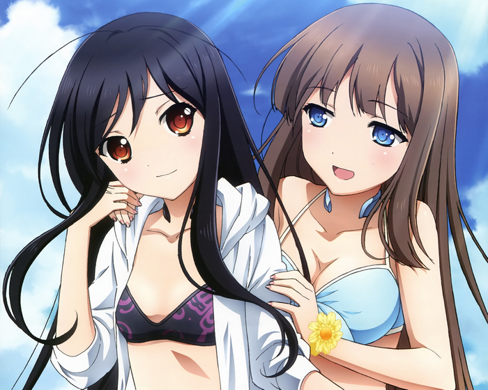 Two anime girls in swimsuits at the beach