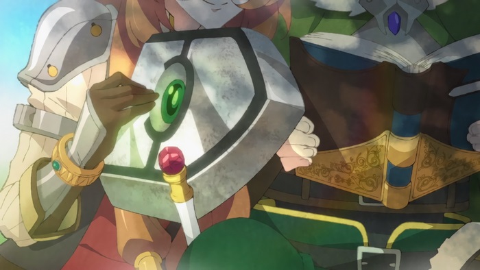 Naofumi Iwatani holding a shield and a book