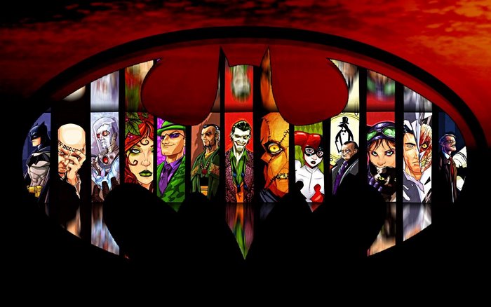 Batman villains lineup within Batman logo